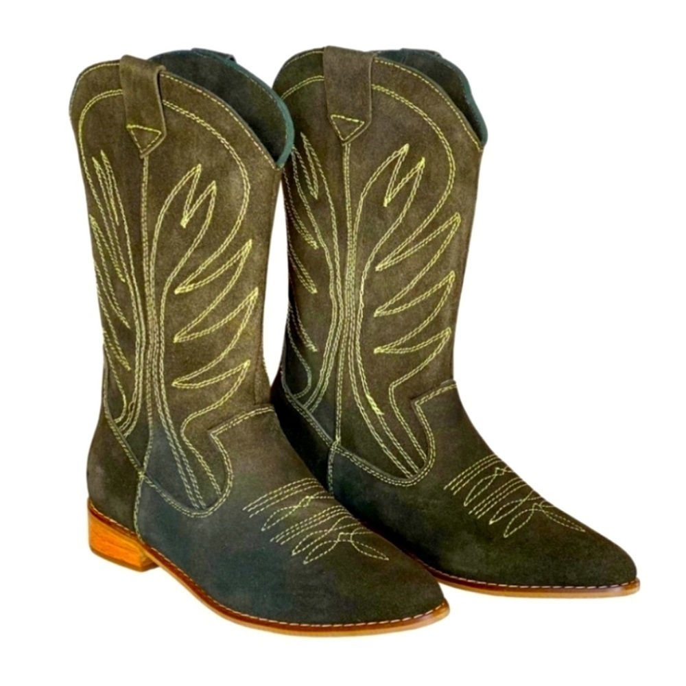 SILVIA COBOS Rodeo Olive Green Suede Cowboy Boots Size 7